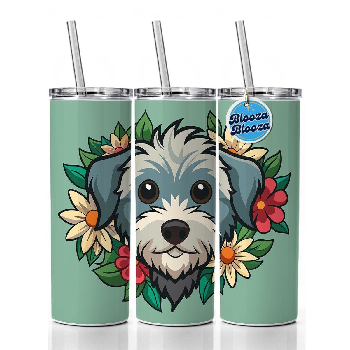 Schnoodle Head Floral Motif Green Dog Skinny Tumbler 20oz with Straw Insulated Water Bottle Gift