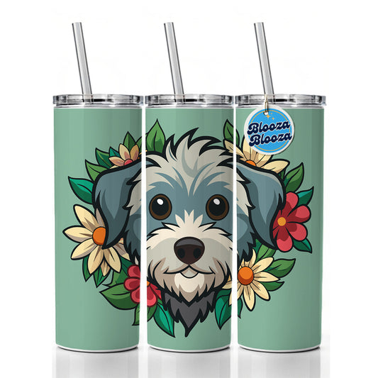 Schnoodle Head Floral Motif Green Dog Skinny Tumbler 20oz with Straw Insulated Water Bottle Gift
