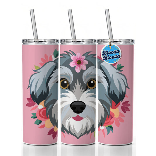 Schnoodle Head Floral Motif Pink Dog Skinny Tumbler 20oz with Straw Insulated Water Bottle Gift