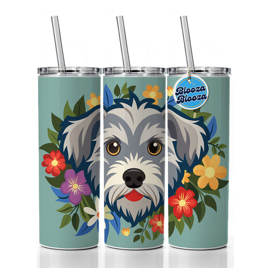 Schnoodle Head Floral Motif Skinny Tumbler 20oz with Straw Insulated Water Bottle Gift