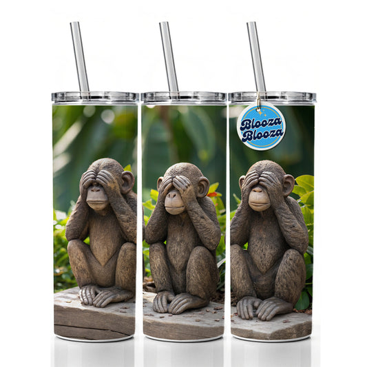 See No Evil Monkeys Funny Skinny Tumbler 20oz with Straw Insulated Water Bottle Gift