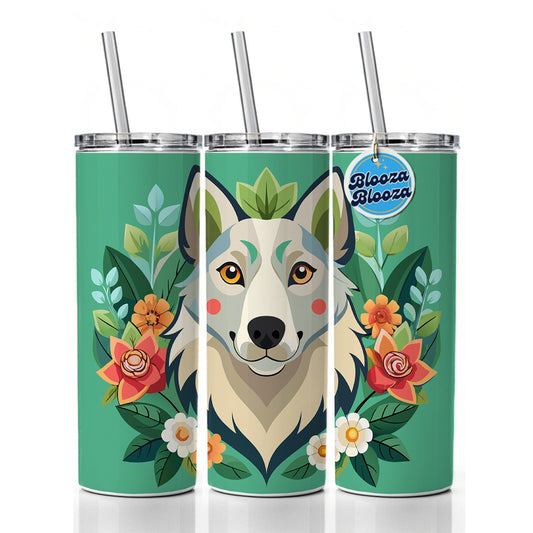 Siberian Retriever Head Floral Motif Green Dog Skinny Tumbler 20oz with Straw Insulated Water Bottle Gift