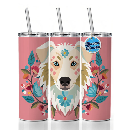 Siberian Retriever Head Floral Motif Pink Dog Skinny Tumbler 20oz with Straw Insulated Water Bottle Gift