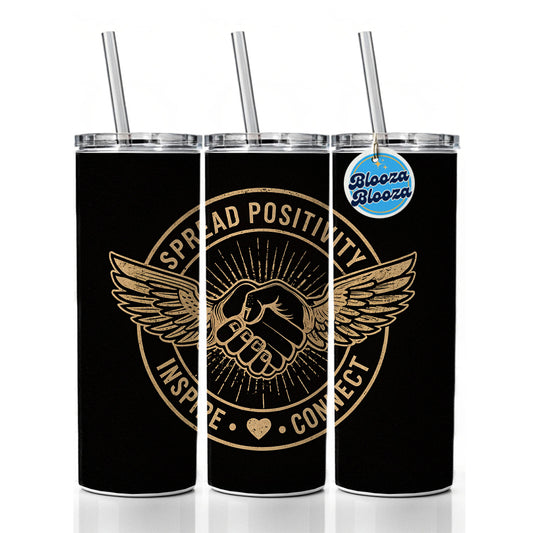 Spread Positivity Black Tan Skinny Tumbler 20oz with Straw Insulated Water Bottle Gift