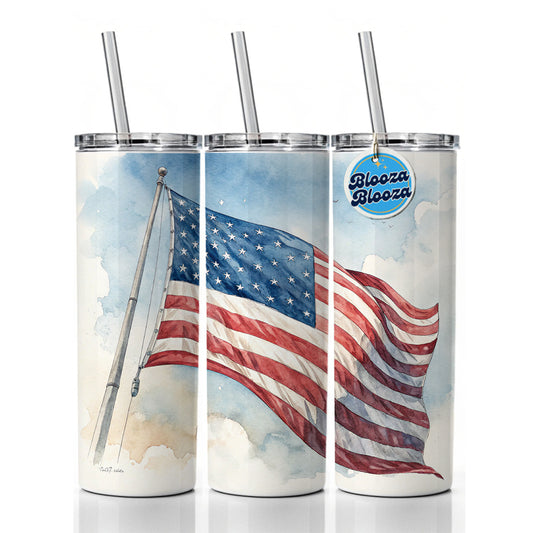 Waving American Flag Watercolor USA United States Skinny Tumbler 20oz with Straw Insulated Water Bottle Gift