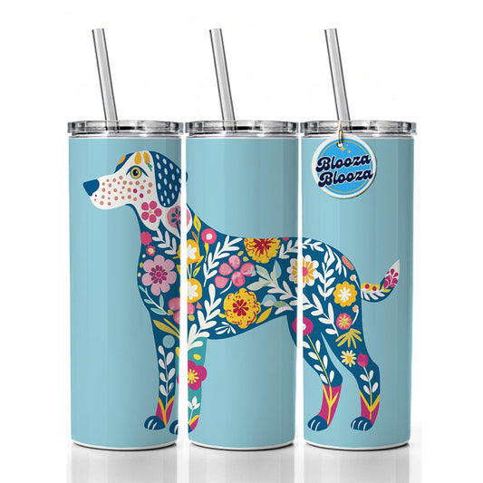 Weimador Floral Motif Blue Dog Skinny Tumbler 20oz with Straw Insulated Water Bottle Gift