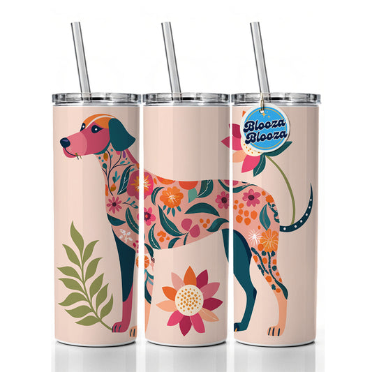 Weimador Floral Motif Cute Dog Skinny Tumbler 20oz with Straw Insulated Water Bottle Gift