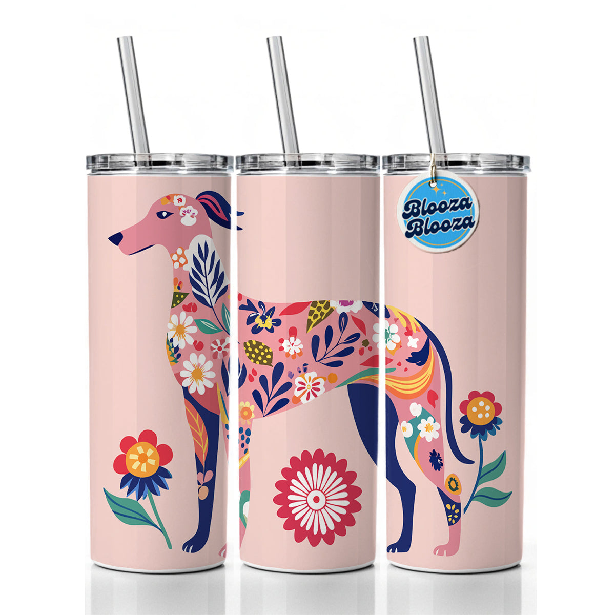 Weimador Floral Motif Light Pink Dog Skinny Tumbler 20oz with Straw Insulated Water Bottle Gift
