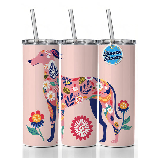 Weimador Floral Motif Light Pink Dog Skinny Tumbler 20oz with Straw Insulated Water Bottle Gift