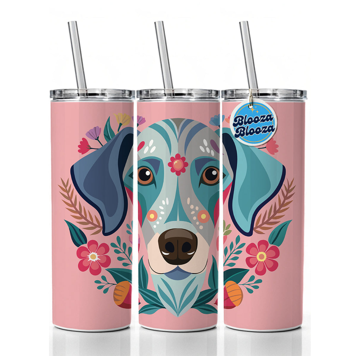 Weimador Head Floral Motif Light Pink Dog Skinny Tumbler 20oz with Straw Insulated Water Bottle Gift