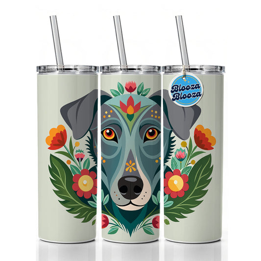 Weimador Head Floral Motif Skinny Tumbler 20oz with Straw Insulated Water Bottle Gift