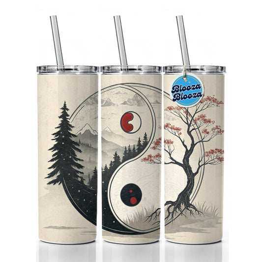 Yin Yang Japanese Cherry Blossoms Skinny Tumbler 20oz with Straw Insulated Water Bottle Gift