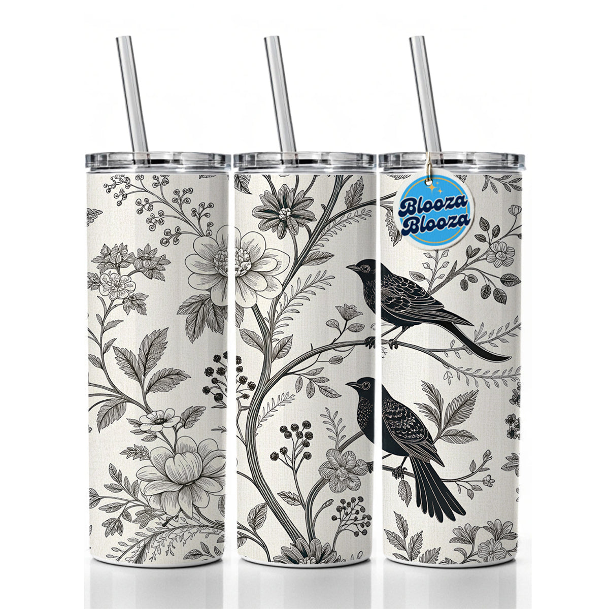 Black On White Toile With Birds Skinny Tumbler 20oz with Straw Insulated Water Bottle Gift