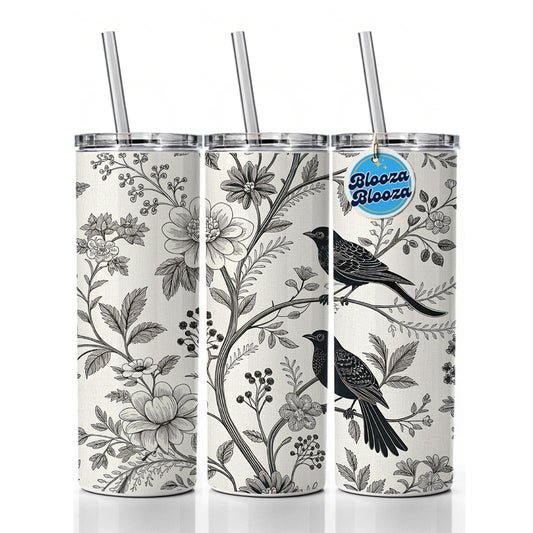 Black On White Toile With Birds Skinny Tumbler 20oz with Straw Insulated Water Bottle Gift