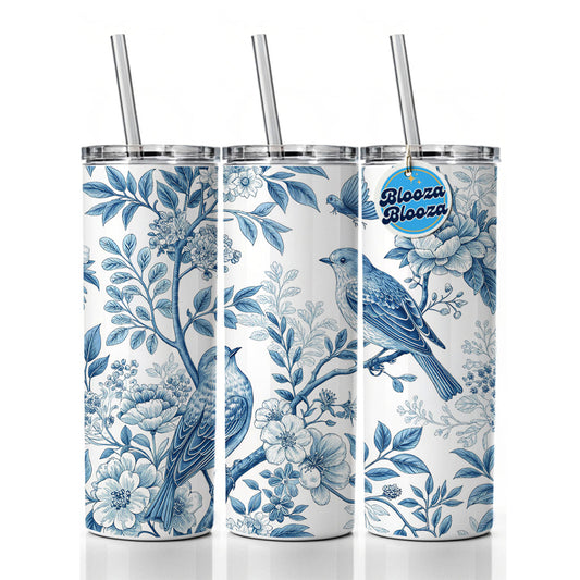 Blue On White Toile With Birds Skinny Tumbler 20oz with Straw Insulated Water Bottle Gift