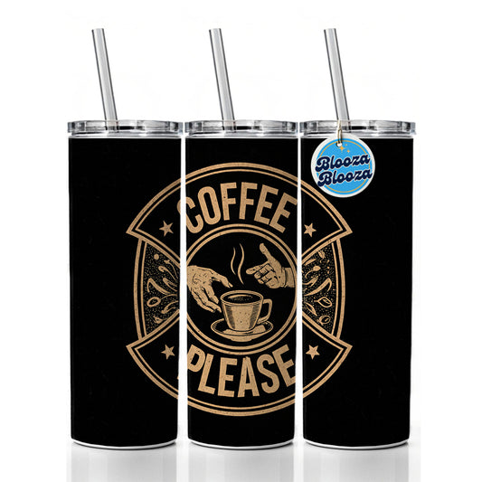 Coffee Please Black Tan Skinny Tumbler 20oz with Straw Insulated Water Bottle Gift