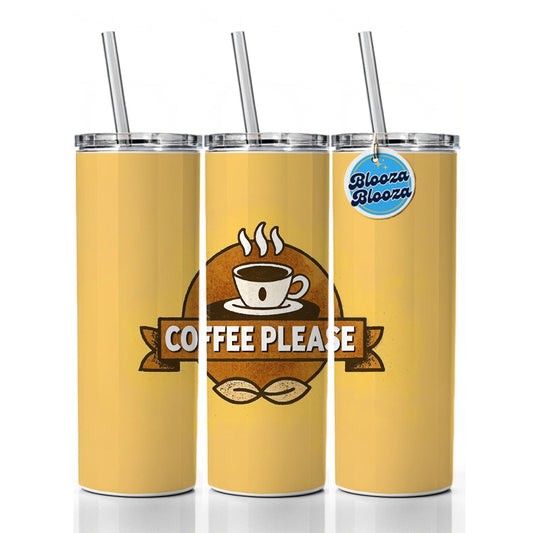 Coffee Please Yellow Skinny Tumbler 20oz with Straw Insulated Water Bottle Gift