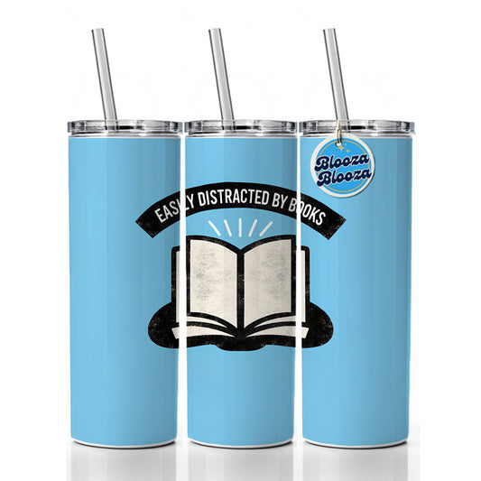 Easily Distracted By Books Reader Reading Skinny Tumbler 20oz with Straw Insulated Water Bottle Gift