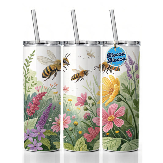 Flying Bees Flowers Skinny Tumbler 20oz with Straw Insulated Water Bottle Gift