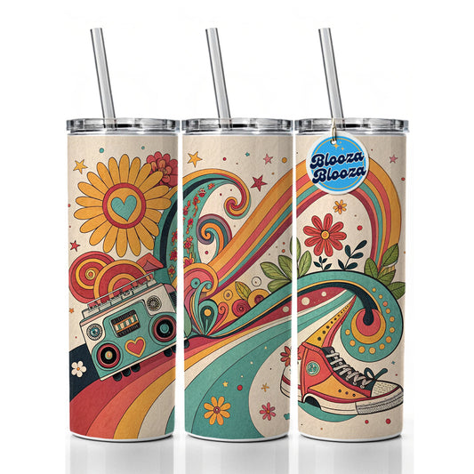 Groovy Design 70's Skinny Tumbler 20oz with Straw Insulated Water Bottle Gift