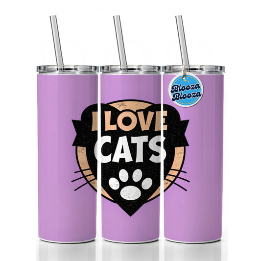 I Love Cats Skinny Tumbler 20oz with Straw Insulated Water Bottle Gift