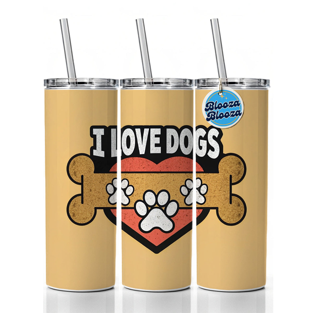 I Love Dogs Bone Paw Prints Skinny Tumbler 20oz with Straw Insulated Water Bottle Gift