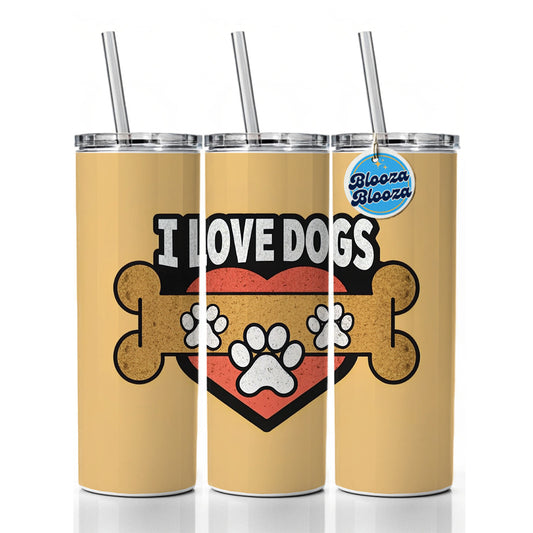I Love Dogs Bone Paw Prints Skinny Tumbler 20oz with Straw Insulated Water Bottle Gift