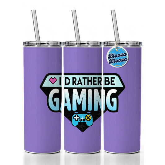 I'd Rather Be Gaming Gamer Skinny Tumbler 20oz with Straw Insulated Water Bottle Gift