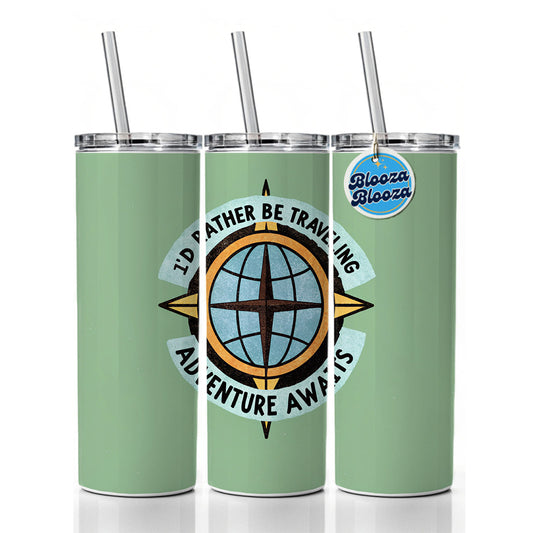 I'd Rather Be Traveling Adventure Skinny Tumbler 20oz with Straw Insulated Water Bottle Gift