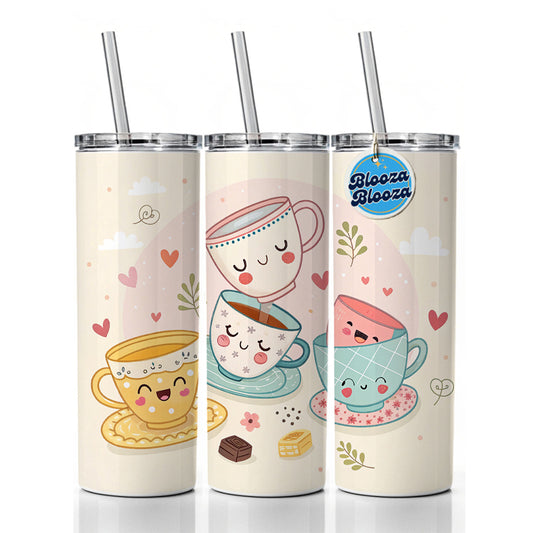Kawaii Happy Tea Cups Skinny Tumbler 20oz with Straw Insulated Water Bottle Gift