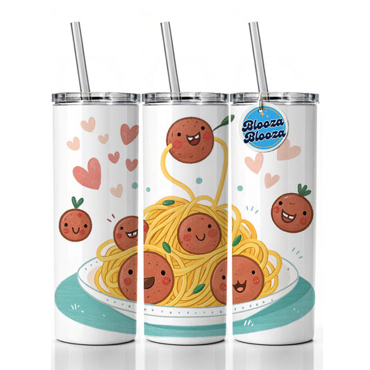 Kawaii Spaghetti And Meatballs Pasta Skinny Tumbler 20oz with Straw Insulated Water Bottle Gift