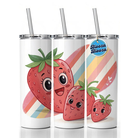 Kawaii Strawberries Diagonal Stripes Skinny Tumbler 20oz with Straw Insulated Water Bottle Gift