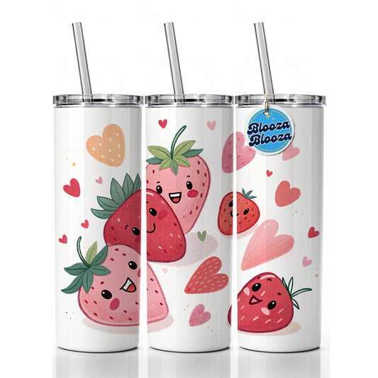Kawaii Strawberries Hearts Skinny Tumbler 20oz with Straw Insulated Water Bottle Gift
