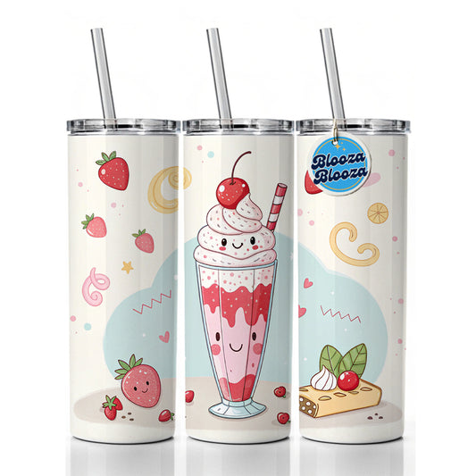 Kawaii Strawberry Milk Shake Skinny Tumbler 20oz with Straw Insulated Water Bottle Gift