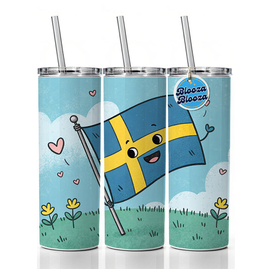 Kawaii Sweden Flag Skinny Tumbler 20oz with Straw Insulated Water Bottle Gift