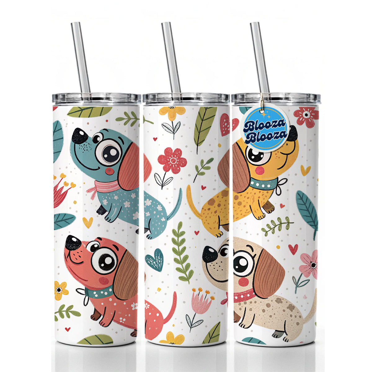 Kawaii Sweet Dogs Skinny Tumbler 20oz with Straw Insulated Water Bottle Gift