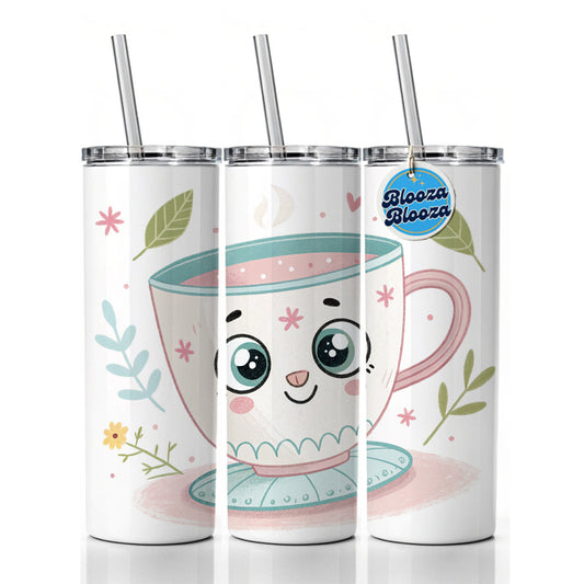 Kawaii Tea Cup Skinny Tumbler 20oz with Straw Insulated Water Bottle Gift