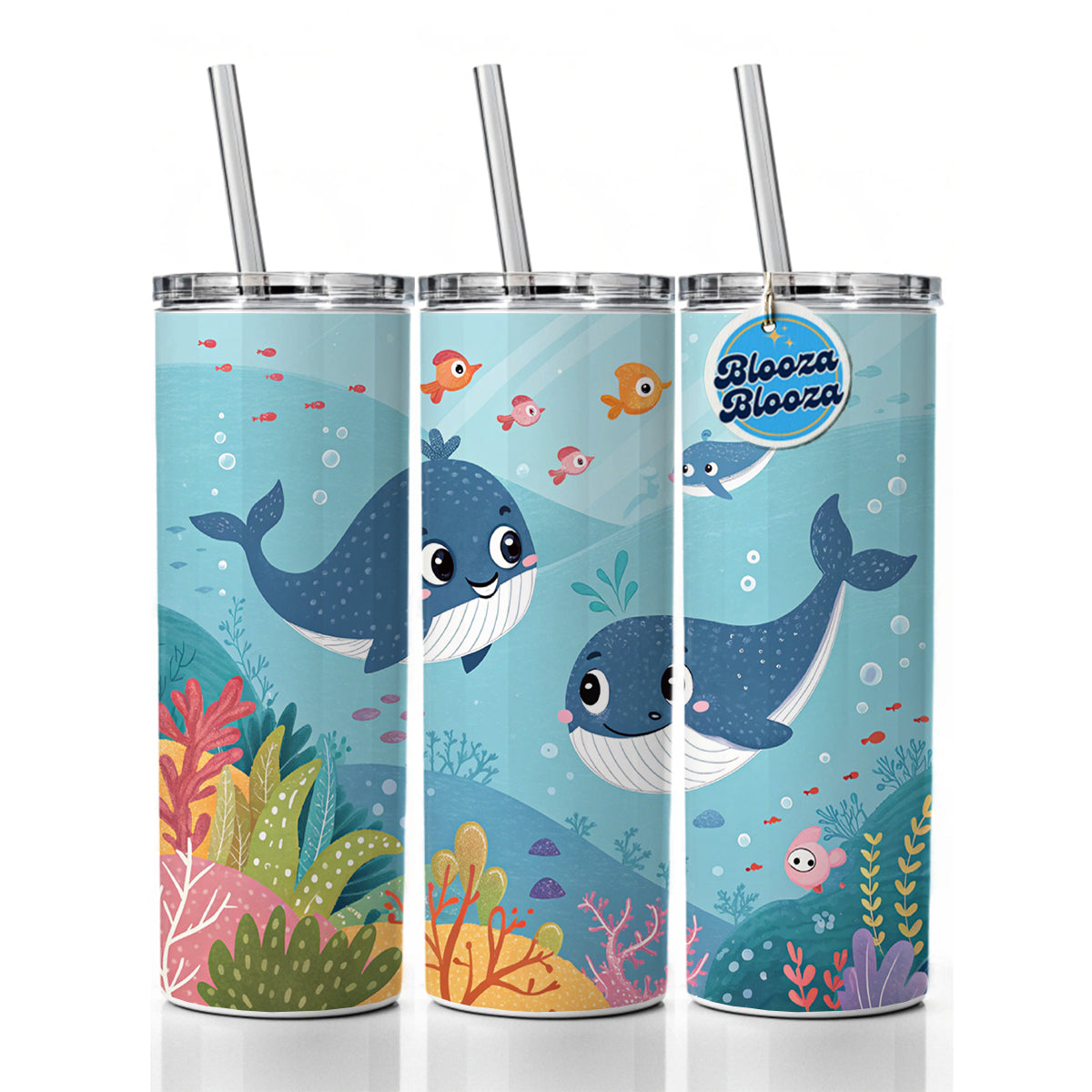 Kawaii Whales Skinny Tumbler 20oz with Straw Insulated Water Bottle Gift