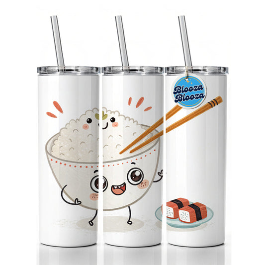 Kawaii White Rice Chopsticks Sushi Skinny Tumbler 20oz with Straw Insulated Water Bottle Gift