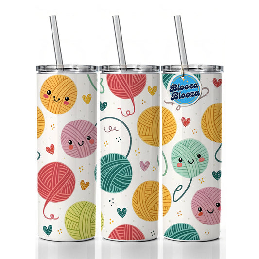 Kawaii Yarn Balls Knitting Crochet Skinny Tumbler 20oz with Straw Insulated Water Bottle Gift