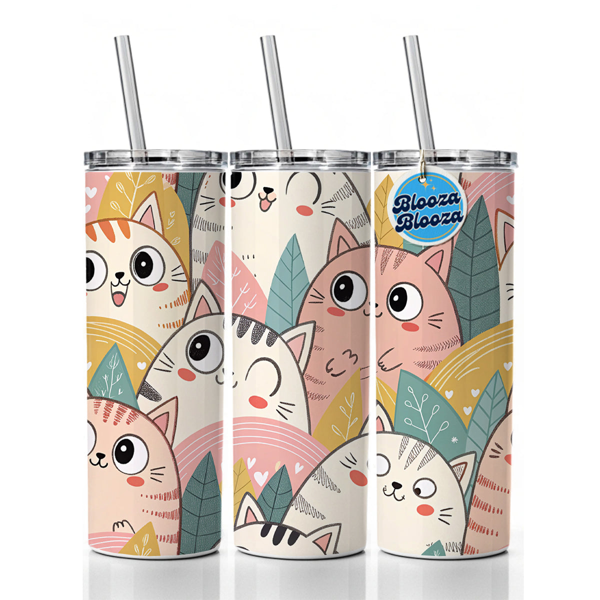 Lots Of Kawaii Adorable Cats Skinny Tumbler 20oz with Straw Insulated Water Bottle Gift