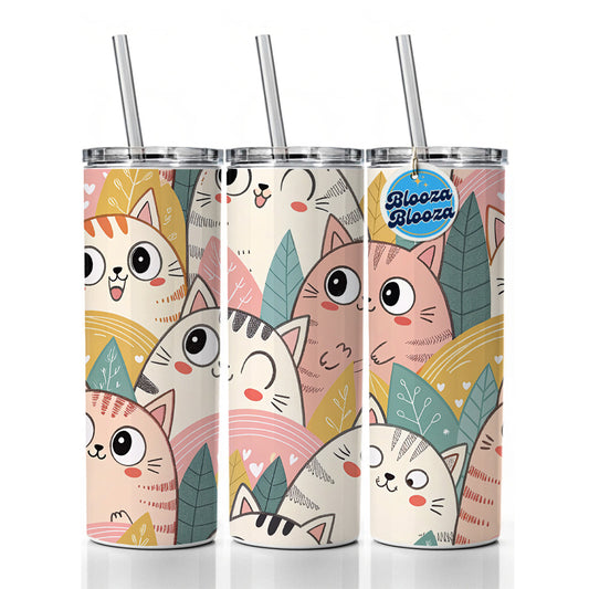 Lots Of Kawaii Adorable Cats Skinny Tumbler 20oz with Straw Insulated Water Bottle Gift