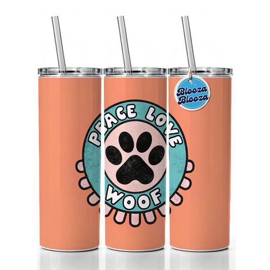 Peace Love Woof Dogs Paw Print Skinny Tumbler 20oz with Straw Insulated Water Bottle Gift