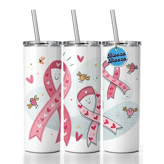 Pink Cancer Awareness Ribbons Skinny Tumbler 20oz with Straw Insulated Water Bottle Gift
