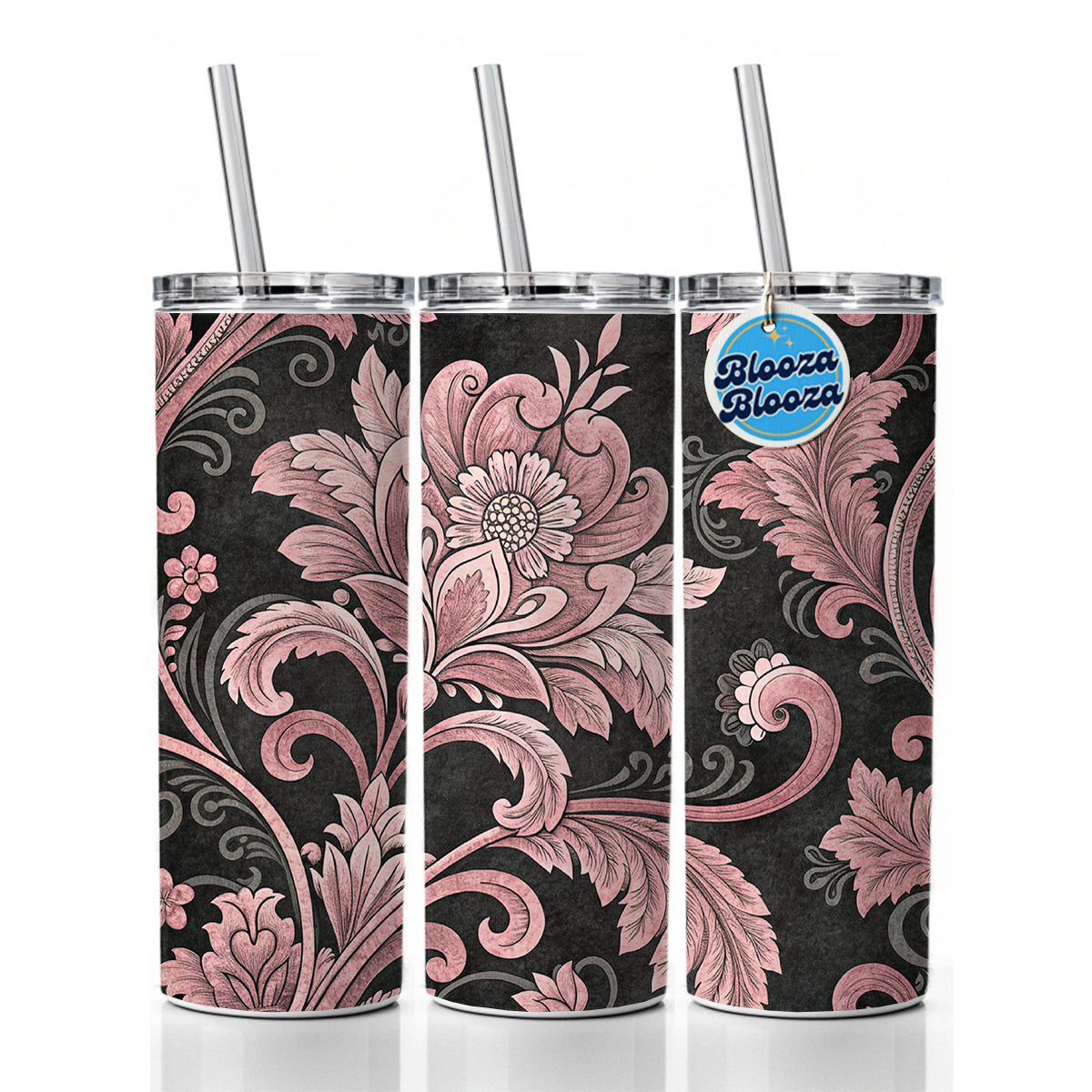 Pink Damask On Black Skinny Tumbler 20oz with Straw Insulated Water Bottle Gift