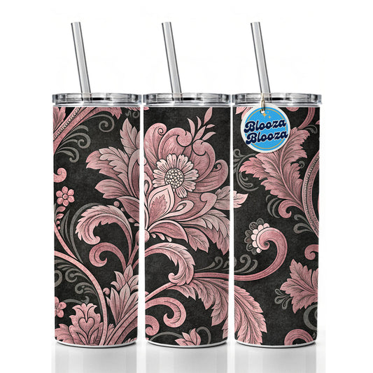 Pink Damask On Black Skinny Tumbler 20oz with Straw Insulated Water Bottle Gift