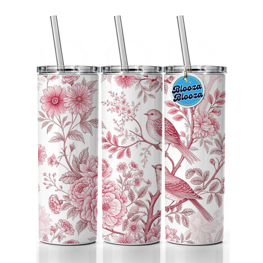 Pink On White Toile With Birds Skinny Tumbler 20oz with Straw Insulated Water Bottle Gift