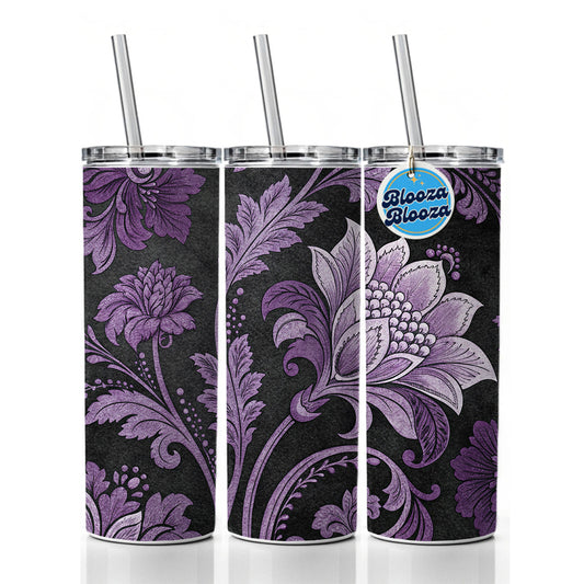Purple Damask On Black Skinny Tumbler 20oz with Straw Insulated Water Bottle Gift