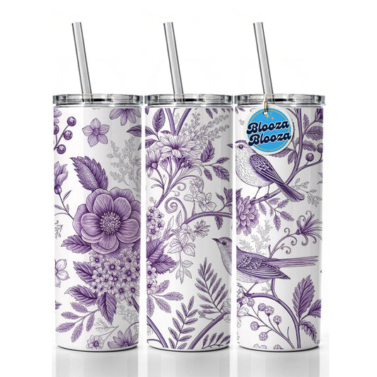 Purple On White Toile With Birds Skinny Tumbler 20oz with Straw Insulated Water Bottle Gift
