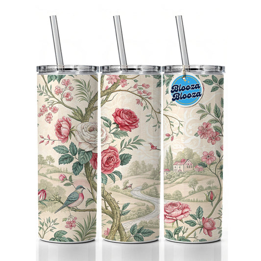 Toile Pattern Flowers Birds Skinny Tumbler 20oz with Straw Insulated Water Bottle Gift